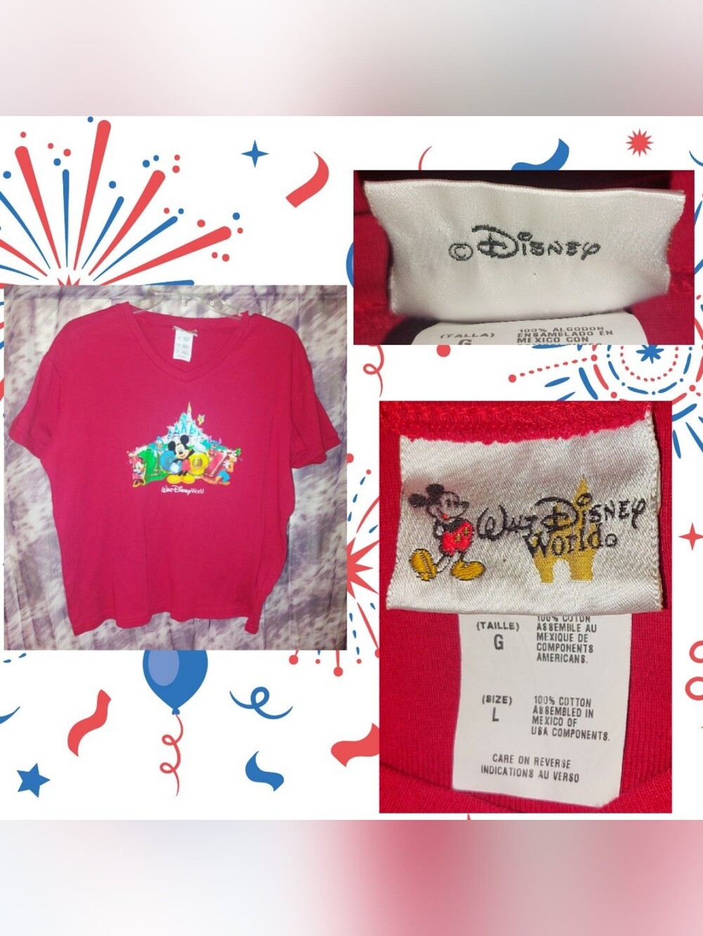 Disney Dk Red/Multiclr 2007 Walt Disney World Park Graphic Print Knit Top Sz Lrg